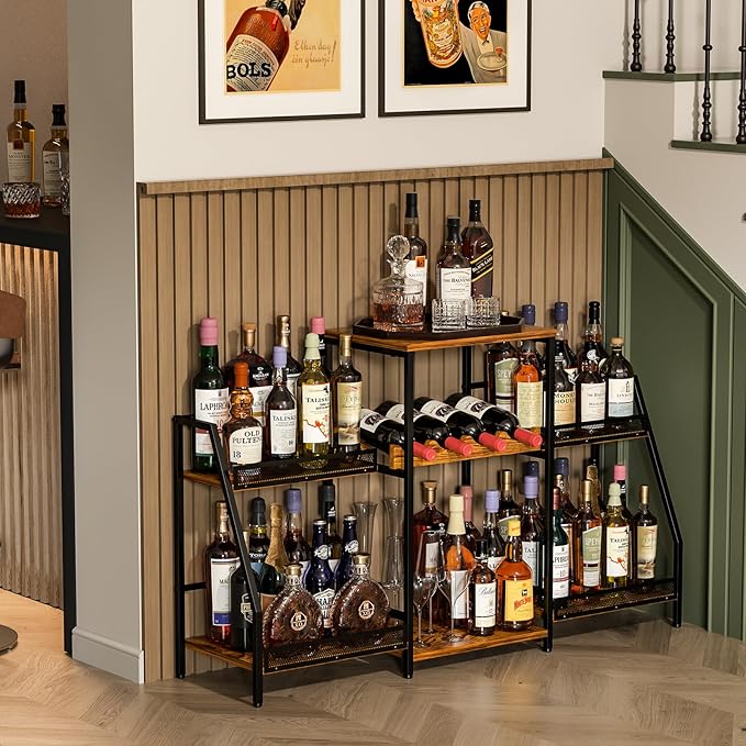 Liquor Cabinet with Fences, Wine Rack Freestanding Floor, 4 Tier Trapezoidal Bar Stand, Expanded Capacity Bar Cabinet for Liquor & Wine Storage