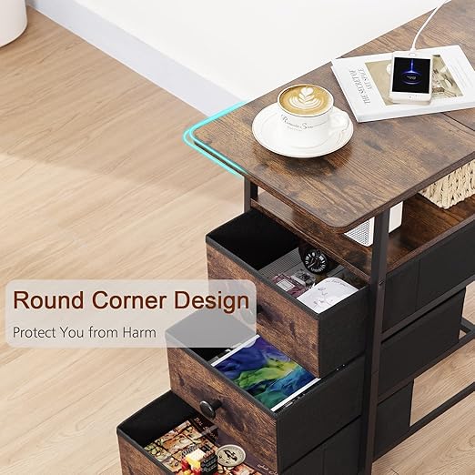 AMHANCIBLE Narrow End Table Living Room with Charging Station, Slim LED Nightstand with Fabric Drawers, Skinny Side Table for Bedroom, Small Spaces, Couch, Rustic Brown, HETN013LBR-1