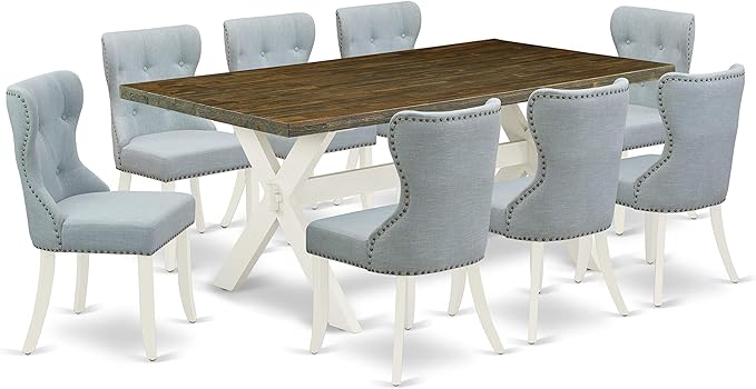 East West Furniture X077SI215-9 9 Piece Dining Room Table Set Includes a Rectangle Kitchen Table with X-Legs and 8 Baby Blue Linen Fabric Parson Dining Chairs, 40x72 Inch, Multi-Color