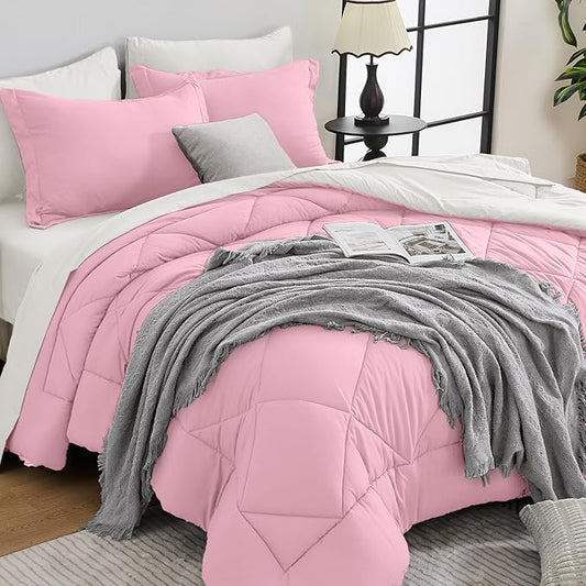 HEVUMYI King Comforter Set - 7-Piece All Season Bed in a Bag King, Ultra Soft Bedding Set with Comforter, Flat Sheet, Fitted Sheet, Pillowcases, Pillow Shams, Pink & Ivory
