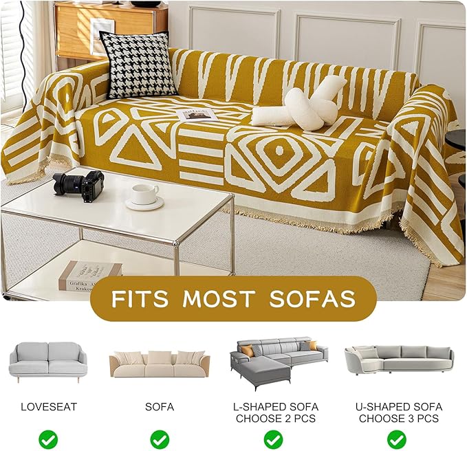 STACYPIK Boho Mustard Yellow Couch Cover Sofa Cover for Dogs Reversible Furniture Protector for 2 Cushion Couch Washable Sectional Sofa Covers Loveseat Cover Non Slip Pet Protector Cover-71X90IN
