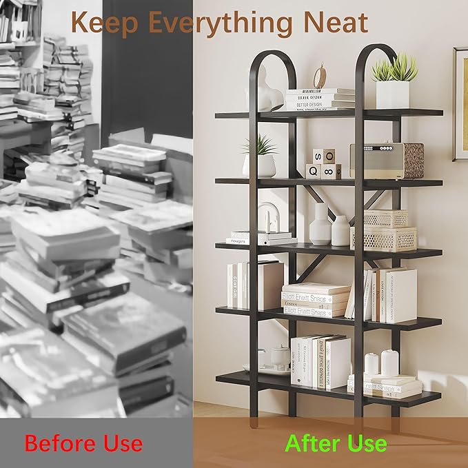 Wide Bookshelf Arched Bookcase, Industrial 5 Tier Open Book Shelves with Metal Frame, 72" Tall Freestanding Heavy Duty Display Rack for Home Office, Living Room,Black,Easy Assembly
