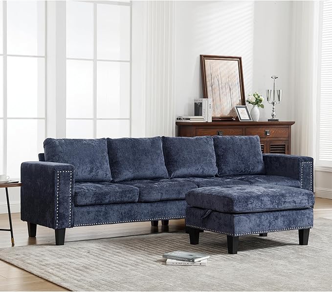Ball & Cast 104.5" L Shaped Sectional Couch with Storage Ottoman, Chenille Upholstered 5 Seat Modular Sofa with Reversible Chaise for Living Room, Easy Assembly, Blue