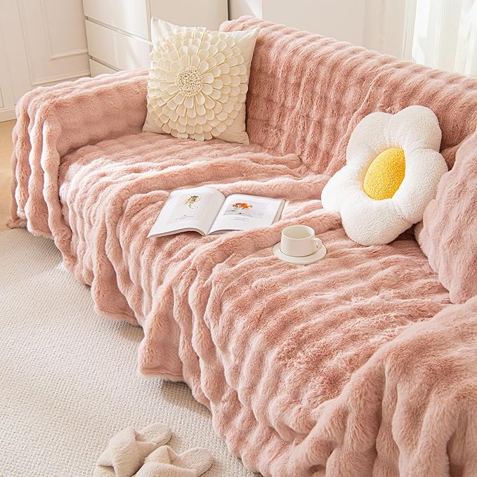 VM VOUGEMARKET Pink Sofa Cover Thick Shaggy Fluffy Sectional Couch Cover Plush Furniture Cover Soft Faux Fur Sofa Slipcover for Couch Futon Bed -Pink,71" x 134"