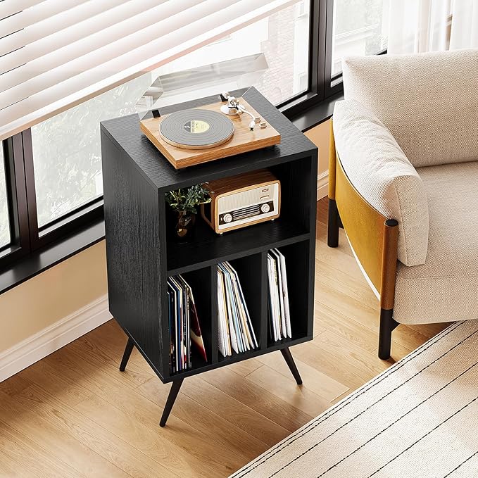 Record Player Stand,Vinyl Record Storage Cabinet with Vinyl Storage Holds Up to 200 Albums for Bedroom Living Room Playroom,Black