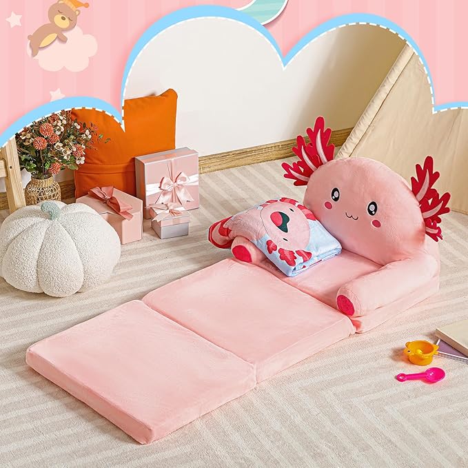 Axolotl Kids Couch Fold out 2-in-1 Toddler Sofa Fold out with Blanket, Soft Toddler Chair Comfy for Boy Girl Baby, Convertible Sofa to Lounger for Napping Reading Playing Christmas, Light Pink