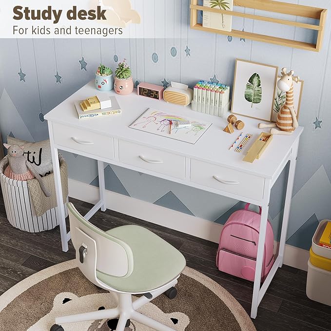 WOHOMO Small Computer Desk with Drawers, 39.3 Inch Vanity Desk with Storage, Home Office Computer Desk for Small Spaces, Modern Work Writing Study Table, White
