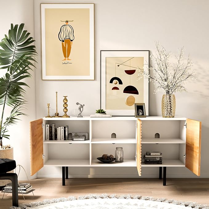 Roomfitters Mid Century Modern TV Stand for TVs up to 65", Boho Sideboard Buffet Cabinet Credenza, Media Console Entertainment Center for Living Room, Poplar Wood Print Carved and Geometric Design