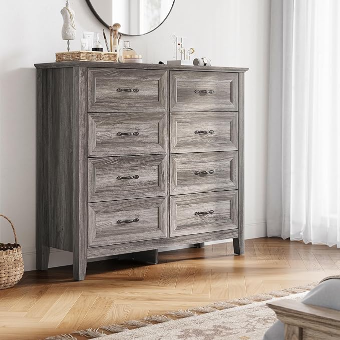 LINSY HOME 8 Drawers Dresser for Bedroom, 47" Wide Wooden Storage Chest with Antique Handles, Modern Farmhouse Dresser TV Stand with Wood Legs for Closet, Living Room, Hallway, Grey