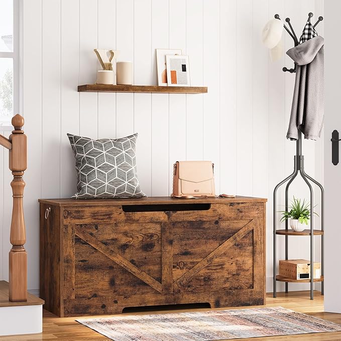 HOOBRO Storage Bench, 39.4” Retro Wooden Storage Chest with U-Shaped Cut-Out Pull, Safety Hinge, Supports 220 lb and Easy Assembly for Toy Box Organizer (Rustic Brown) BF771CW01