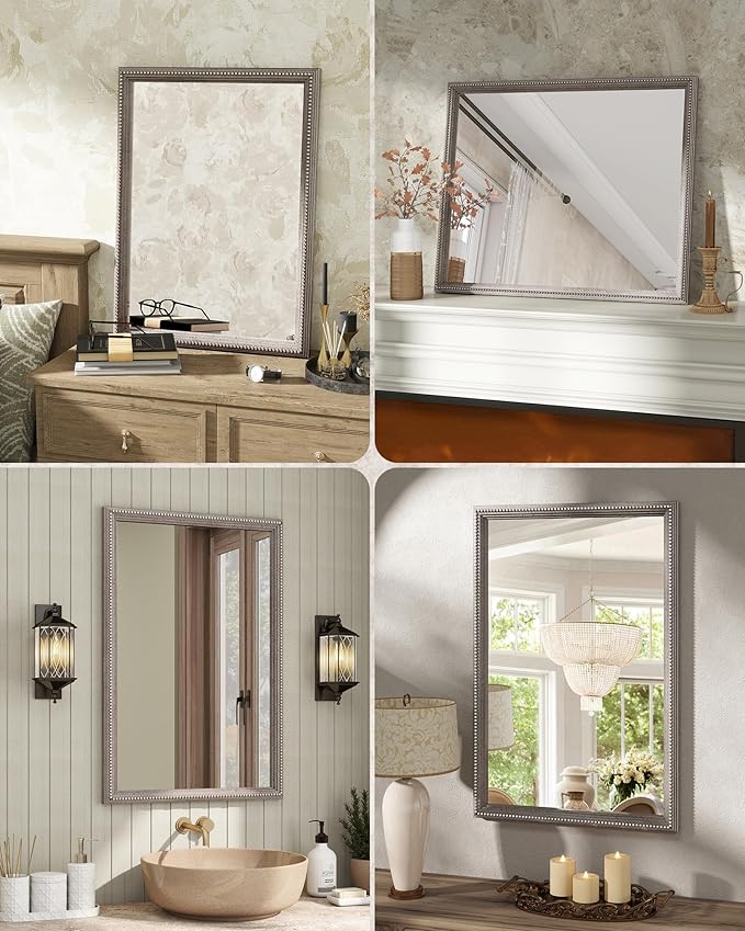 Axeman 24x36 Wood Wall Mirror, Rustic Bathroom Mirror, Vintage Wall Mounted Mirror Tempered Glass with Beaded Wooden Frame for Farmhouse Living Room Vanity Bedroom Entryway, Grey