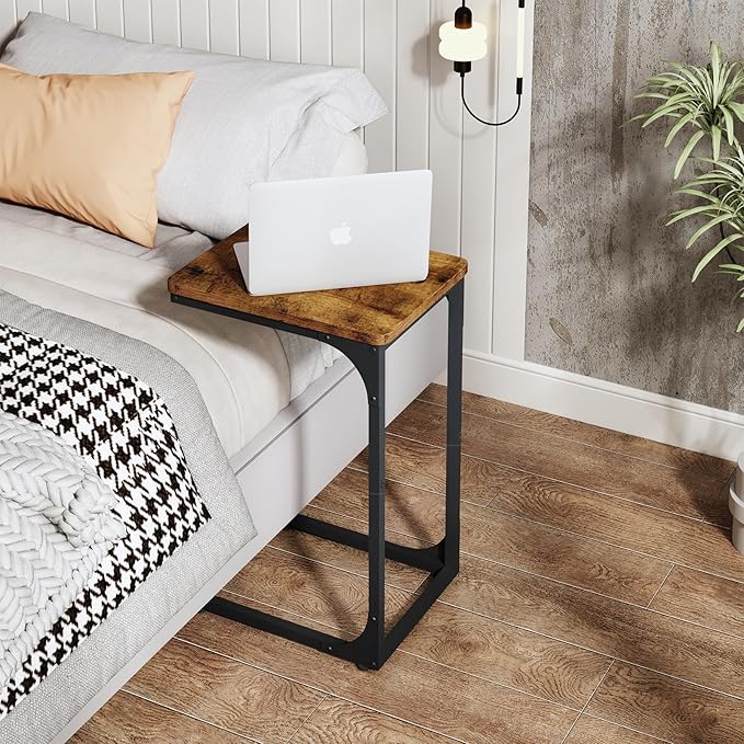 QEEIG C Table Side Table Living Room C Shaped Couch Tray End Table Farmhouse 1 Pack, Rustic Brown (017-30BN-1)