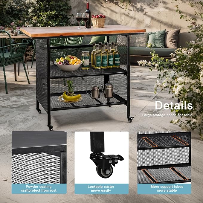 Rustic 3-Tiered Serving Cart with Casters Vintage Rolling Bar Cart for Kitchen Living Room Industrial Mobile Barbecue Cart for Outdoor&Indoor 47.2 * 19.7 * 36.6in L*W*H