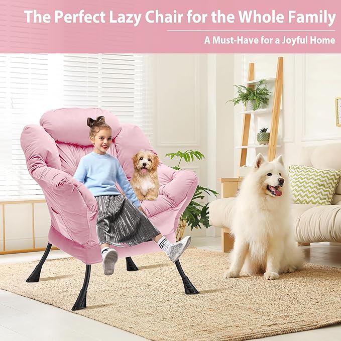 Lazy Chair Thick Padded, Comfy Velvet Accent Lounge Chair with Stable Frame, Leisure Sofa Armchair with Armrests and Side Pocket, Reading Chair for Bedroom, Living Room, Office, Pink