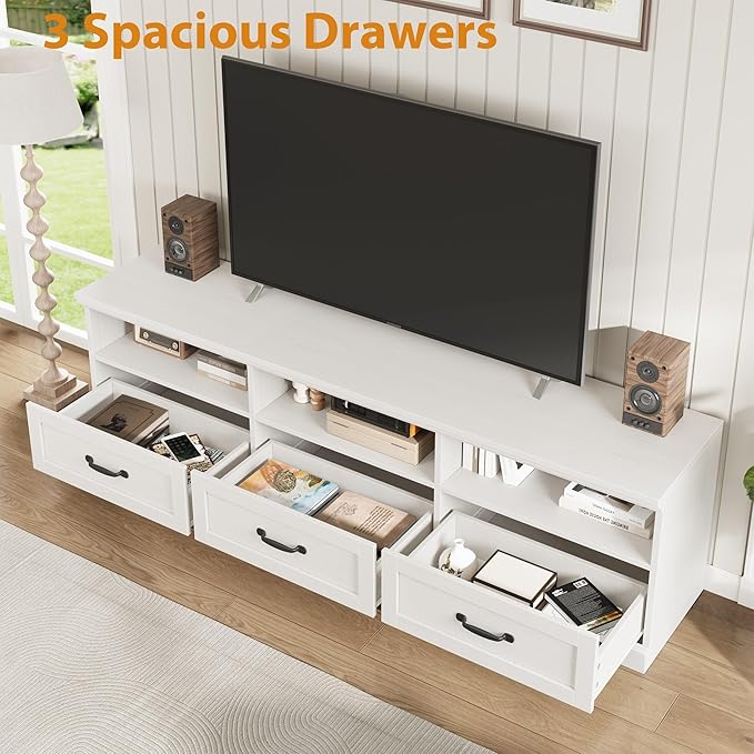 GarveeHome TV Stand for 65/70/75 Inch TV, Entertainment Center with Storage Drawer, Mid-Century Modern TV Console with Open Shelves, 70in Media TV Cabinet for Living Room, Bedroom, Antique White