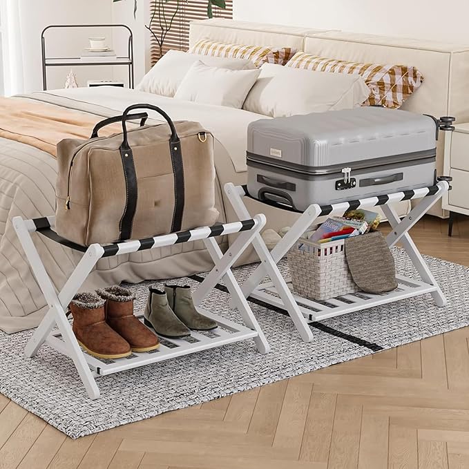 2 Packs Fully Assembled White Luggage Racks with Shoe Shelf, Folding Suitcase Stand with 5 Straps, Wooden Luggage Stand Ideal for Guest Room, Bedroom, Hotel