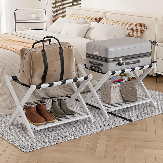 2 Packs Fully Assembled White Luggage Racks with Shoe Shelf, Folding Suitcase Stand with 5 Straps, Wooden Luggage Stand Ideal for Guest Room, Bedroom, Hotel