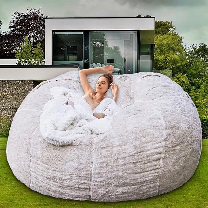 Bean Bag Chair for Adults Kids Without Filling Comfy Oversized Round Lazy Sofa Bean Bag Cover for Stuffed Animal Storage Bedroom Living Room Chairs, 6FT, White