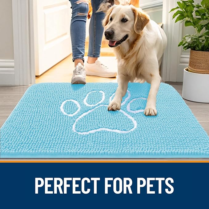 OLANLY Door Mat for Muddy Dog Paws 36x24, Ultra Absorbent Chenille Mud Doormat with Paw Print Design, Non-Slip Washable Doormat for Indoor Entryway, Quick-Dry Pet Bed Mats for Dirty Dogs, Blue