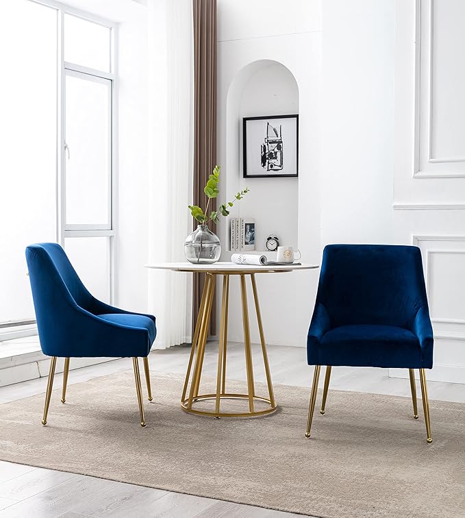 Modern Velvet Dining Chairs Set of 2, Contemporary Upholstered Furniture Collection with Polished Gold Metal Legs, Elegant Accent Chairs for Kitchen Living Room(Blue)