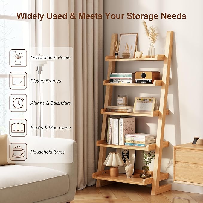 Wooden Ladder Shelf with Edges, 5-Tier Modern Leaning Bookshelf Ladder – Stylish Space-Saving Bookcase for Living Room, Bedroom & Home Office