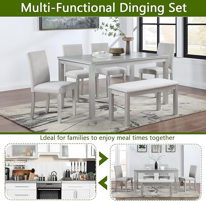soges 6 Piece Wooden Dining Table Set, Dining Room Table with 4 Upholstered Chairs and Bench, Rectangular 6-Person Kitchen Dining Table Set with Crystal Decoration, Silver Grey