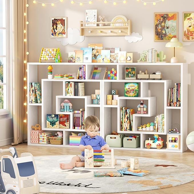 Armocity 6 Tier Display Book Shelf Wall Mounted Bookshelf Freestanding Geometric Bookcase Floating Book Shelves for Wall Bedroom Living Room Home Office, 45.5"(W) * 47"(H), White