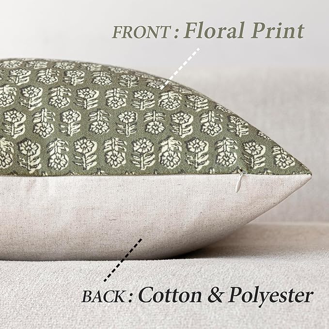 Foindtower Set of 2 Decorative Neutral Floral Print Throw Pillow Covers Vintage Accent Farmhouse Cushion Covers Boho Home Decor for Sofa Couch Chair Bedroom Living Room Outdoor,20×20 Inch,Sage Green