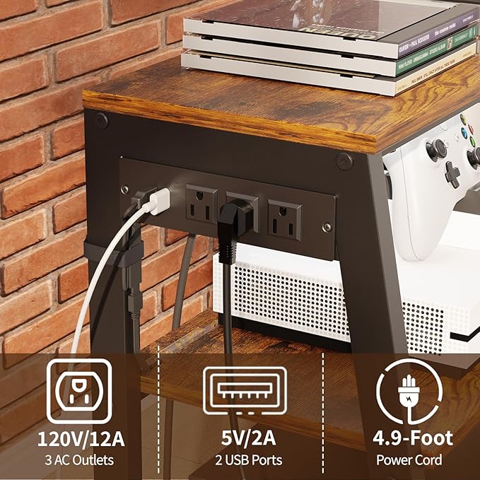 4-Tier AV Media Stand with Power Strips, Heavy Duty Stereo Cabinet Stand with LED Lights, Wooden Record Player Stand with 2 Hooks, Audio Stand Furniture Perfect for DVD Player/Game Console/TV Box/Xbox