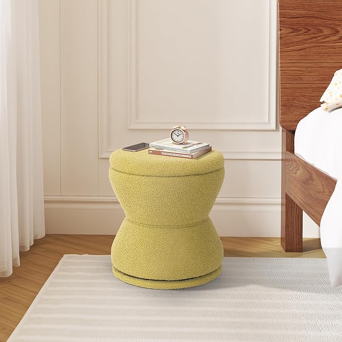 Ottoman with Storage, 360° Swivel Boucle Ottoman Vanity Stool, Upholstered Footstool with Storage Removable Lid, Modern Round Boucle Footrest Coffee Table for Living Room, Bedroom, Green