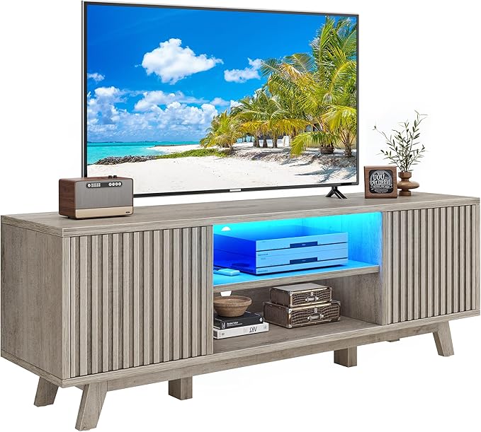 YITAHOME Television Stand for Living Room, Fluted TV Stand with LED Light for 65/55 Inch TV, Mid Century Modern Entertainment Center Media Console TV Cabinet with Adjustable Shelves, Light Oak