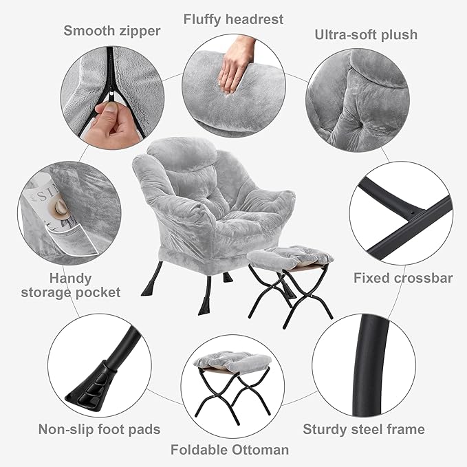Fabric Lazy Chair with Ottoman, Oversized Upholstered Sofa Chair for Adults, Plush Comfy Lounge Chair with Large Side Storage Pocket, Reading Chair for Living Room, Bedroom, Dorm, Light Gray