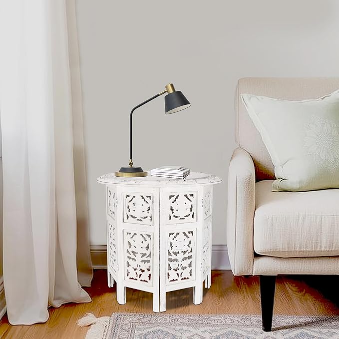 The Wooden Town Handcrafted White Wood End Table - Antique Finish, Small Accent Table 18"x18" for Living Room, Bedroom, Sofa Side or Nightstand Use