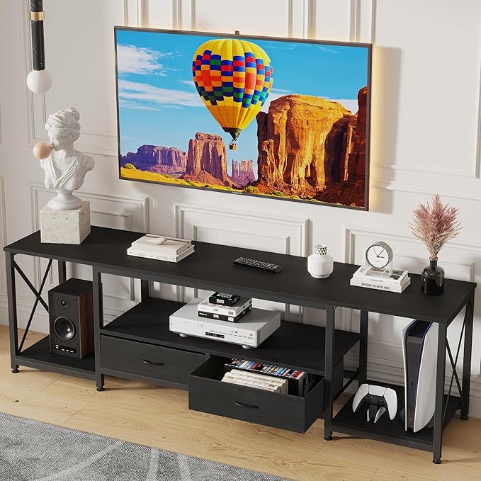 TV Stand with Fabric Drawers for 55 60 65 Inches TV - Entertainment Center and Industrial TV Console Table with Open Storage Shelves for Living Room, Bedroom - 55.1" Black