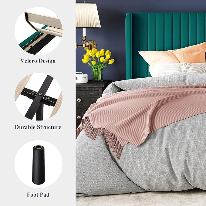 Allewie King Size Bed Frame/Velvet Upholstered Platform Bed/Vertical Channel Tufted Wingback Headboard/Strong Wooden Slats/No Box Spring Needed/Easy Assembly/Teal