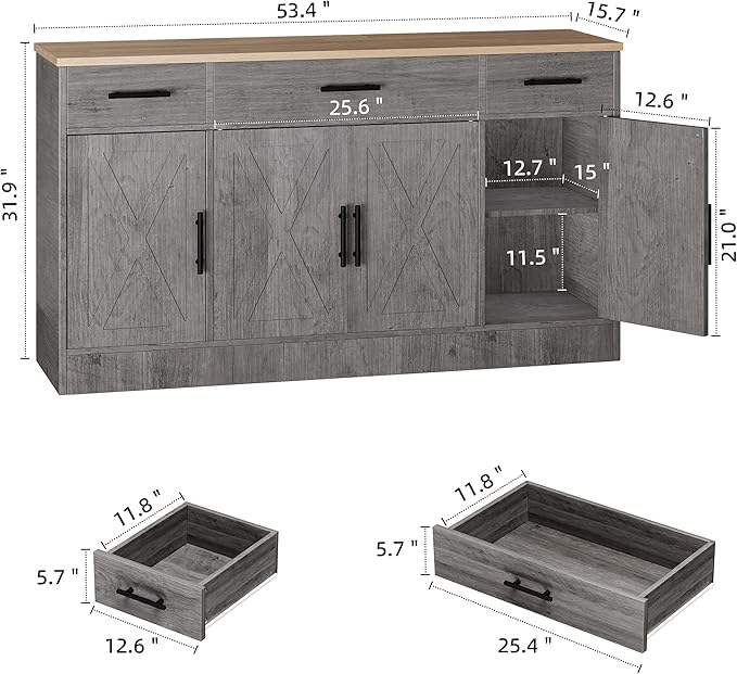 Shintenchi Buffet Cabinet with Storage,53.4" Large Kitchen Storage Cabinet with 3 Drawers and 4 Doors,Wood Farmhouse Buffet Sideboard with Adjustable Shelf for Kitchen Living Room,Ash Grey