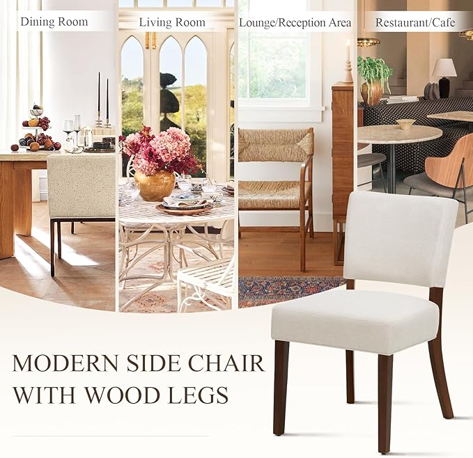 COLAMY Mid Century Modern Dining Chairs Set of 2, Upholstered Kitchen Chairs with Back, Farmhouse Fabric Side Dining Room Chairs with Wood Legs for Dining Room Kitchen Restaurant, Beige