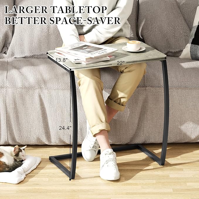 SRIWATANA Side Table, End Table, Vintage C-Shaped Couch Table for Sofa Laptop Coffee Snack, Light Grey