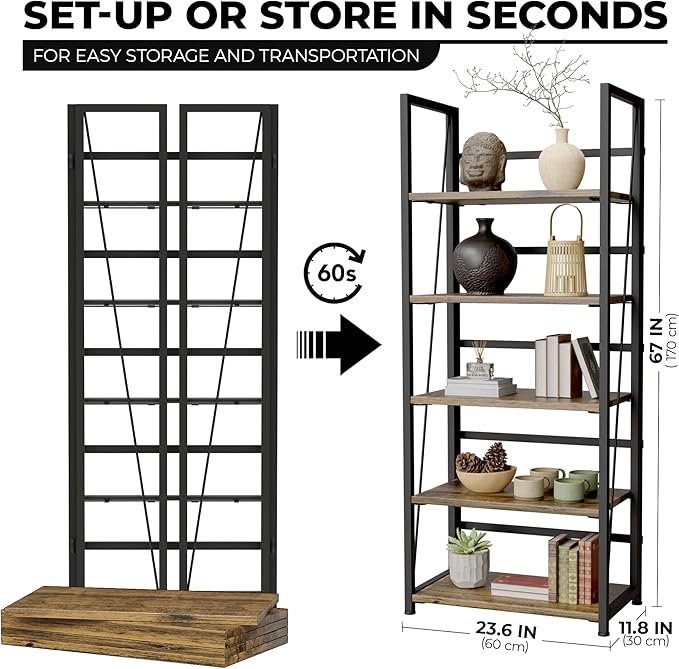 5 Tier Wood Book Shelf Organizer, No Assembly Bookshelf for Bedroom Living Room Office, Rustic Foldable Book Case, Tall Bookshelves, Open Book Shelves, Decorative Folding Shelf Display, Tall Bookcase
