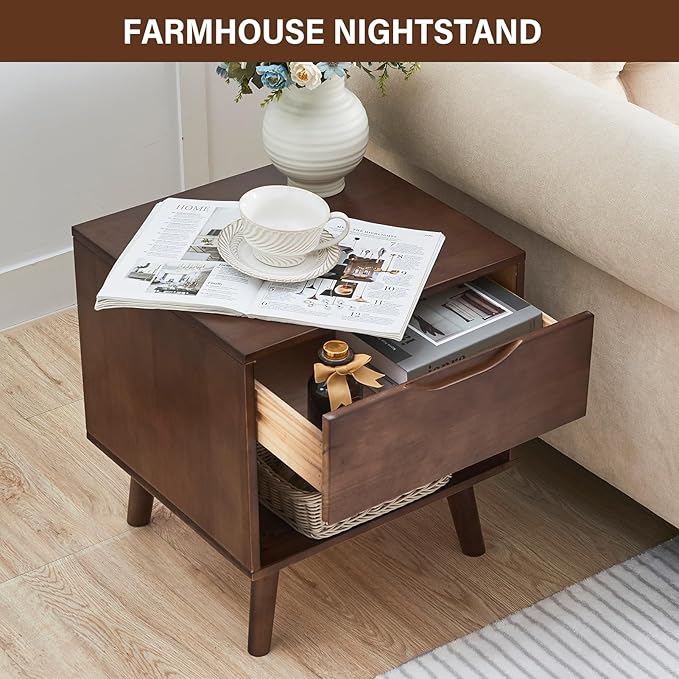 CozyDH Nightstand with Drawer and Opening Storage, Solid Wood Modern Bedside Table for Bedroom, 19" Sofa Side Table with Wooden Legs End Tables Living Room, Walnut