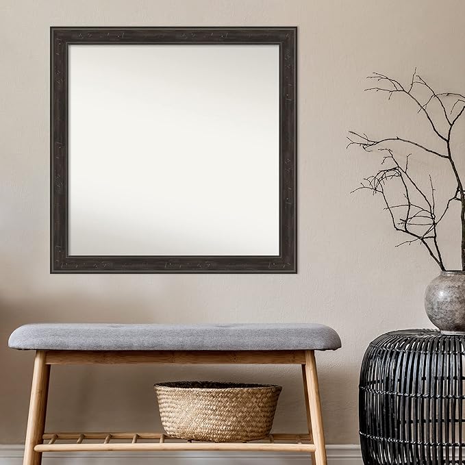 Amanti Art Brown Bathroom Mirror for Over Sink, 32x32 Shipwreck Greywash Square Vanity Mirror, Large Traditional Frame, Hangs Horizonally and Vertically, Bathroom Wall Decor, Non-Beveled Edge