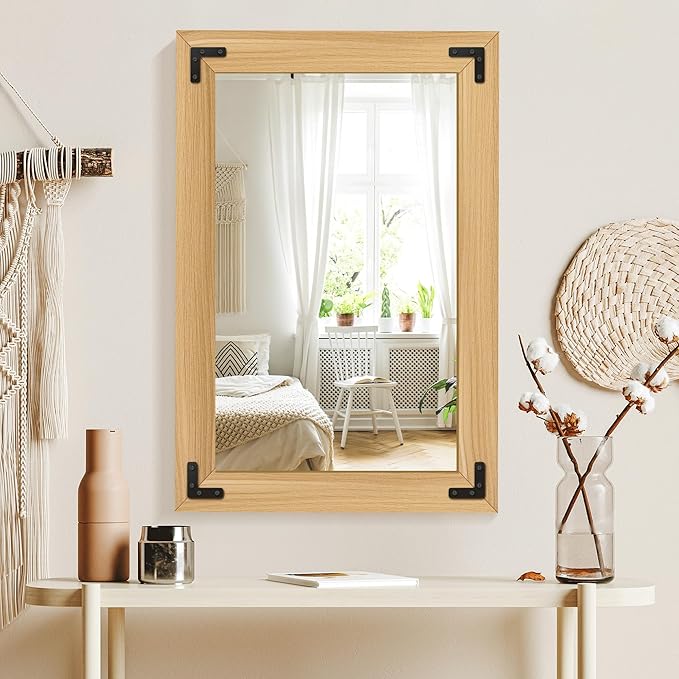 Bathroom Mirror for Wall with Wooden Frame, 36"x24" Solid Wood Vanity Mirror for Farmhouse, Bathroom, Bedroom Decor, Vertical or Horizontal Hanging(Natural)