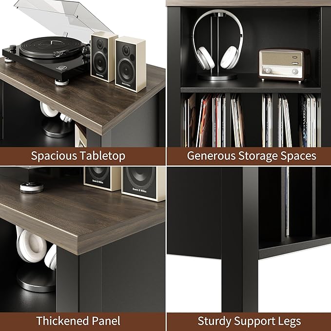 LIDYUK Record Player Stand, Vinyl Record Storage Table End Table with Display Shelf Holds up to 130 Albums, Large Nightstand Wood Turntable Stand Cabinet Side Table for Living Room, Bedroom, Black