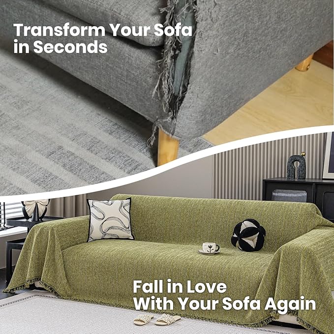 Nobildonna Sofa Cover Washable Soft Thicken Chenille Couch Cover with Tassel,Waterproof Sofa Slipcover for 3-4 Cushion Couch,Sectional Sofa,L-Shaped Furniture Protector Pet-Friendly,Green 71"x150"