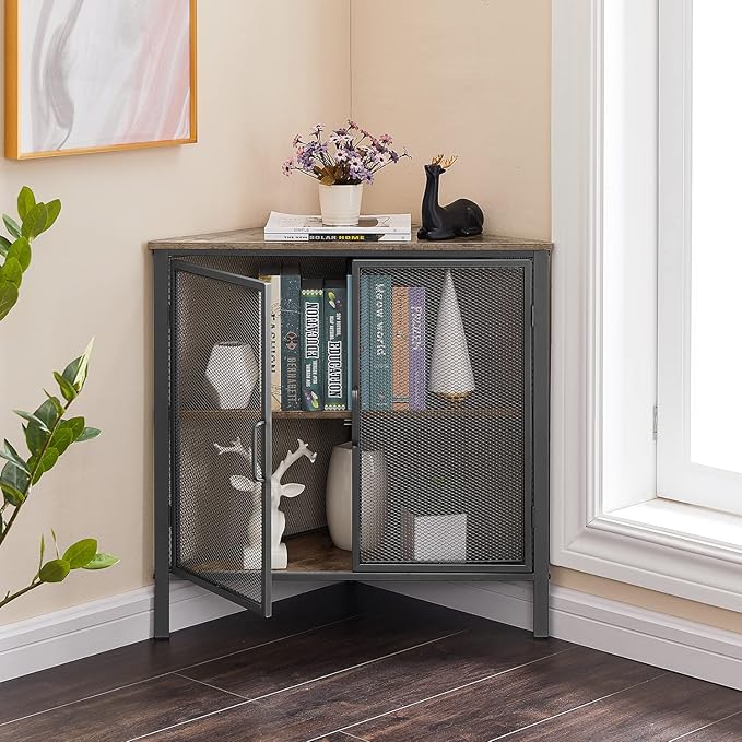 VECELO Corner Cabinet/Table, 3-Tier Shelves with Protection Door, Metal Frame Storage Shelf Organizer for Small Space, Living Room, Kitchen, Bathroom, Set of 1, Grey