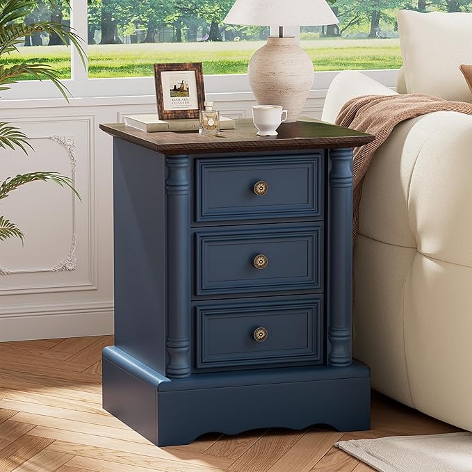 Nightstand with 3 Drawers, Rustic Night Stand 18' Wide Side Table with Storage, Mid-Century Modern Couch End Table with Vintage Handles, Small Dresser for Bedroom, Living Room, Indigo Blue