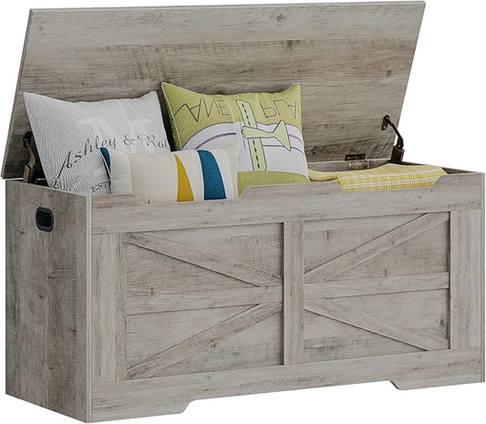 39.4" Storage Chest, Extra Large Storage Trunk with 2 Safety Hinges, Wooden Box Bench, Lift-Top Organizer Chest, Shoe Bench for Entryway, Bedroom, Living Room, Greige SB03405X