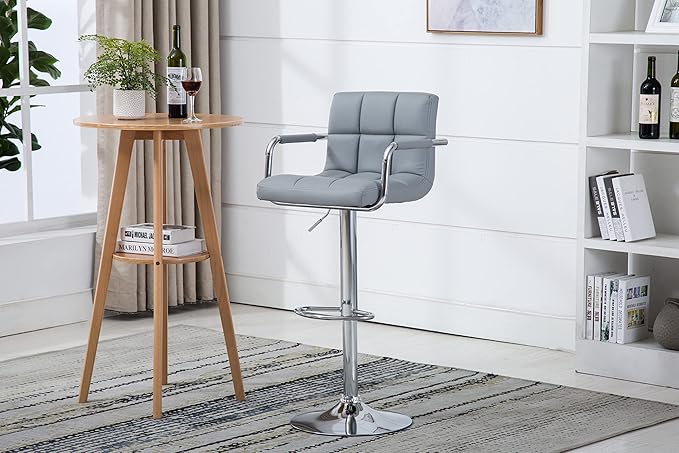 AC Pacific Contemporary Adjustable Swivel Kitchen Bar Stool Chair with Cushion and Armrest, 24"-33", Pewter Gray