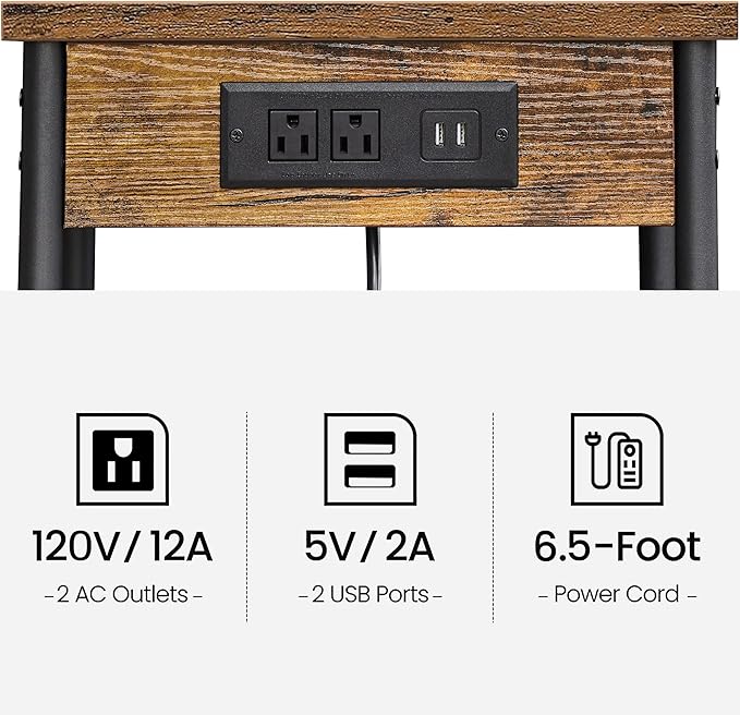TUTOTAK End Table with Charging Station, Nightstand, 3-Tier Couch Side Table with USB Ports and Outlets, Bedside Table for Small Space, Living Room TB01BB026