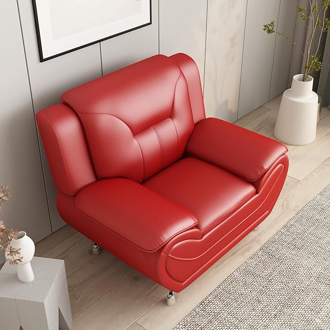 Container Furniture Direct Michael Modern Faux Leather Upholstered Stainless Steel Legs Living Room Sofa, Chair, Persian Red